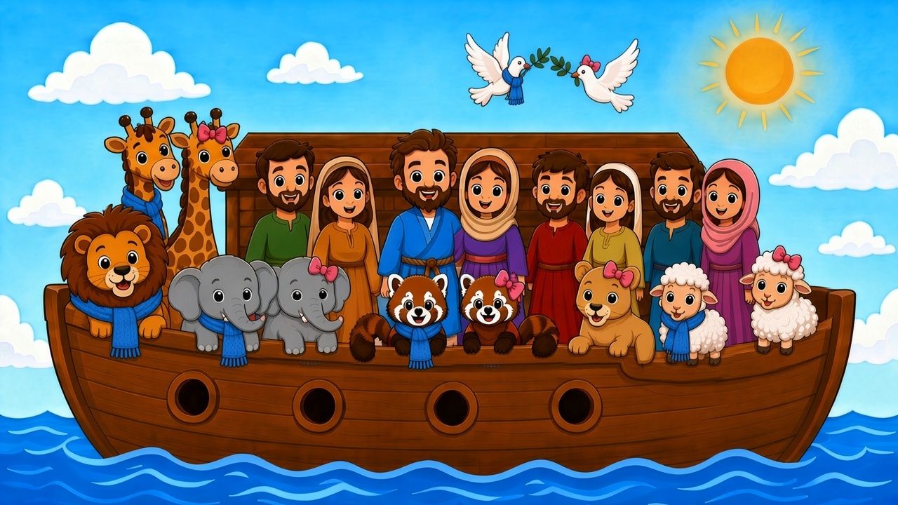 Cartoon of Noah’s family on a wooden ark with pairs of animals — lions, giraffes, elephants, red pandas and sheep — under a sunny sky.