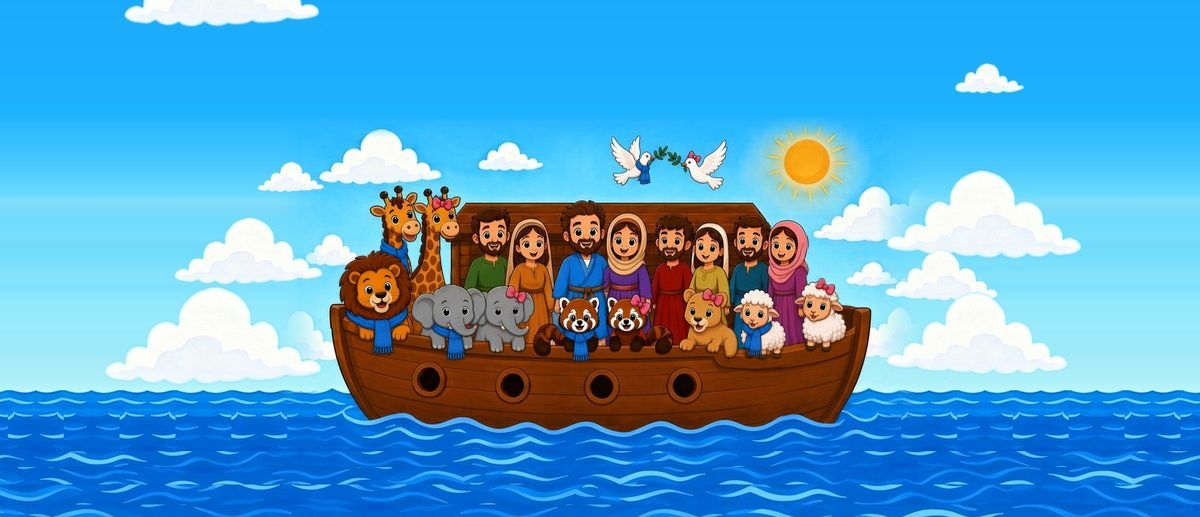 Noah’s ark with the family and animal pairs sailing on a calm blue sea.