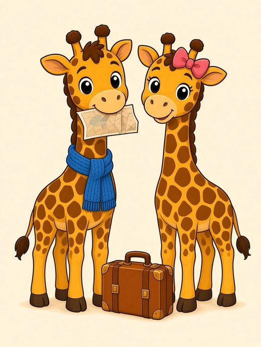 Two giraffes, one in a blue knitted scarf holding a map, one with a pink bow, next to a suitcase.